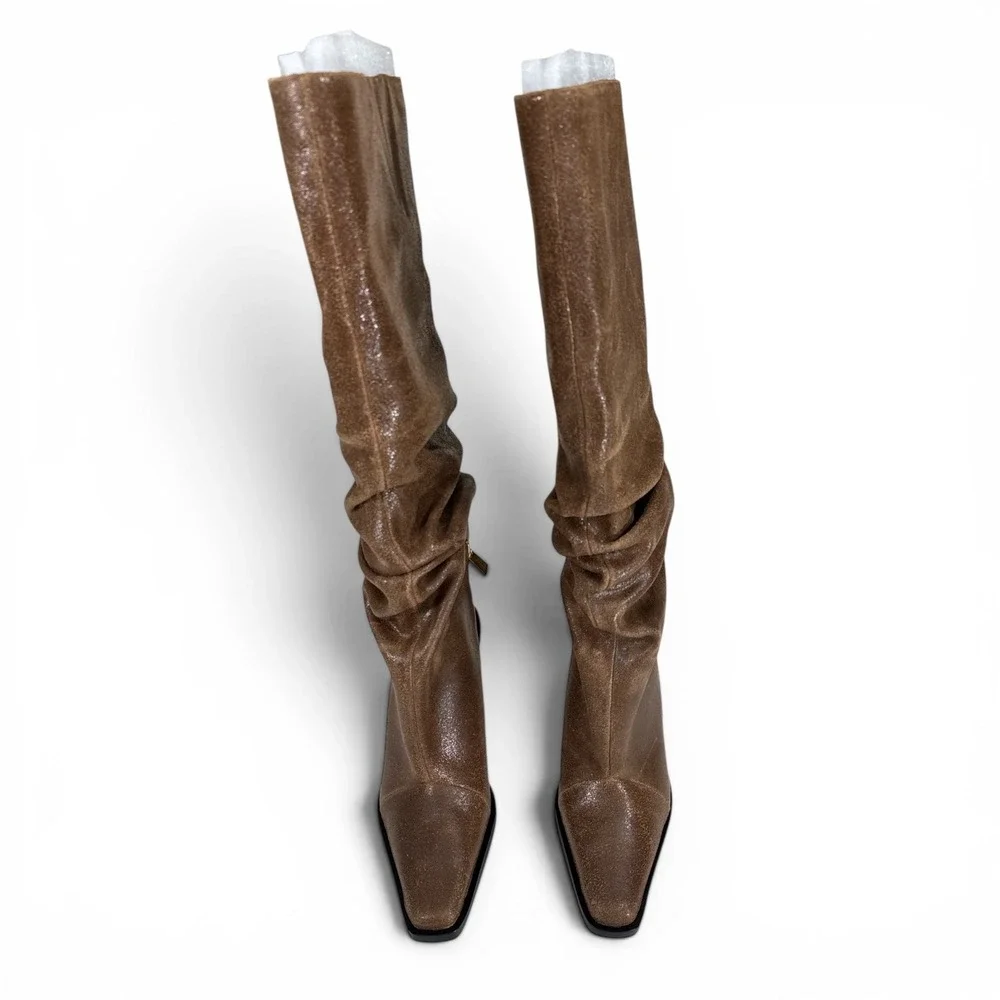 Michael Kors Brown Leather Slouchy Tall Boots Snip Toe Wedge Heel Womens 7M‎ NIB